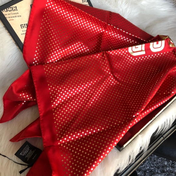 Gucci Red Silk Scarf with Gold Star Print and “GUCCY” Logo - Picture 10 of 10